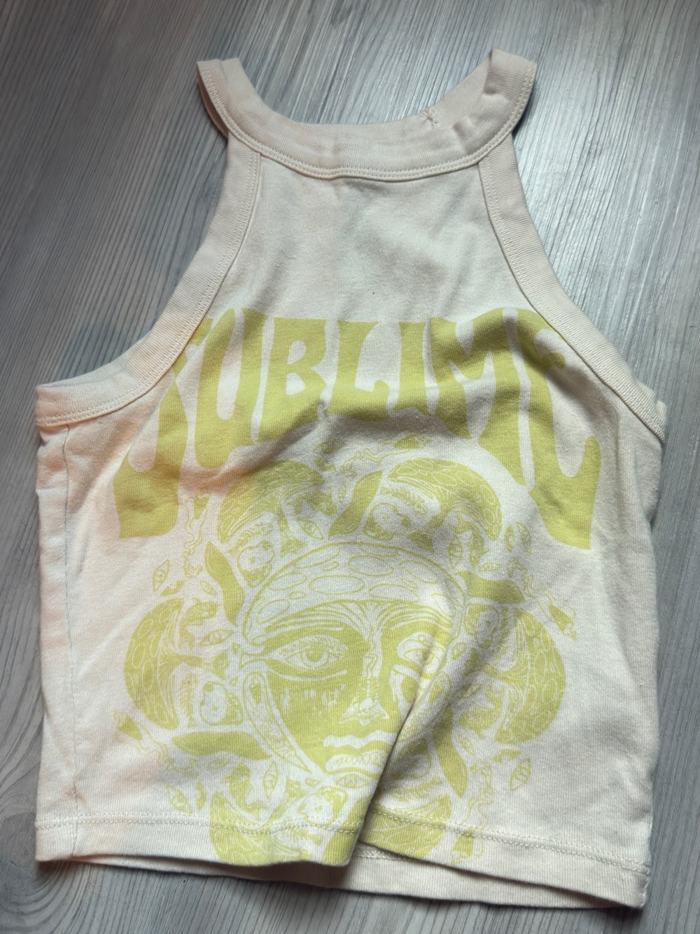 American Eagle Outfitters Cream Halter Crop Top with Yellow Graphic